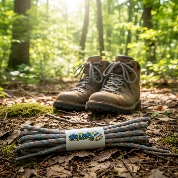 a pair of round grey bootlaces with peach flecks suitable for hiking and walking boots