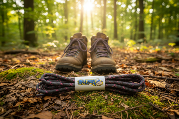a pair of round grey bootlaces with pink flecks suitable for hiking and walking boots