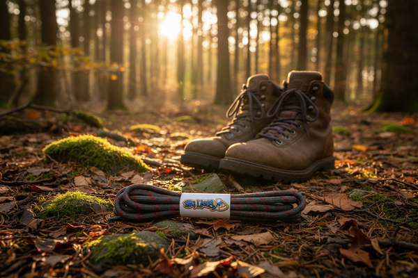 a pair of round grey bootlaces with red flecks suitable for hiking and walking boots