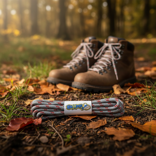 a pair of round grey bootlaces with red flecks suitable for hiking and walking boots