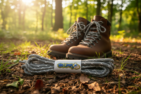 a pair of round grey bootlaces with white flecks suitable for hiking and walking boots
