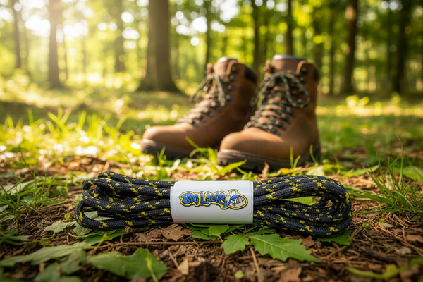 a pair of round grey bootlaces with yellow flecks suitable for hiking and walking boots