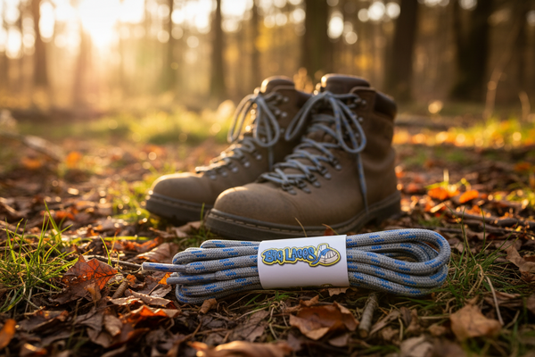 a pair of round grey bootlaces with light blue flecks suitable for hiking and walking boots