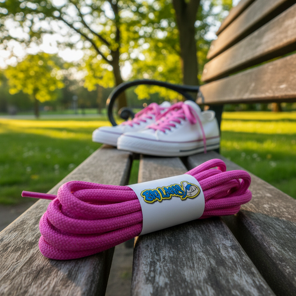 a pair of round 5mm wide hot berry pink shoelaces