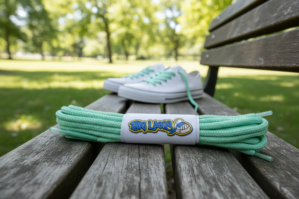 a pair of round 3mm wide jade green shoelaces