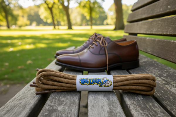 a pair of round light brown cotton shoelaces