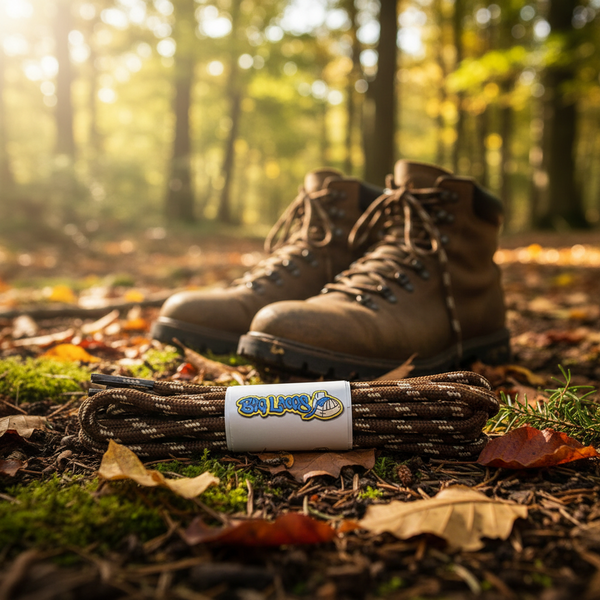 a pair of round light brown bootlaces with cream flecks suitable for hiking and walking boots