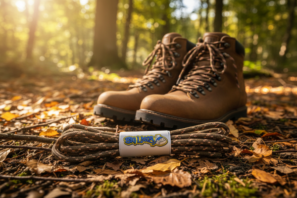 a pair of round light fawn brown bootlaces with peach flecks suitable for hiking and walking boots
