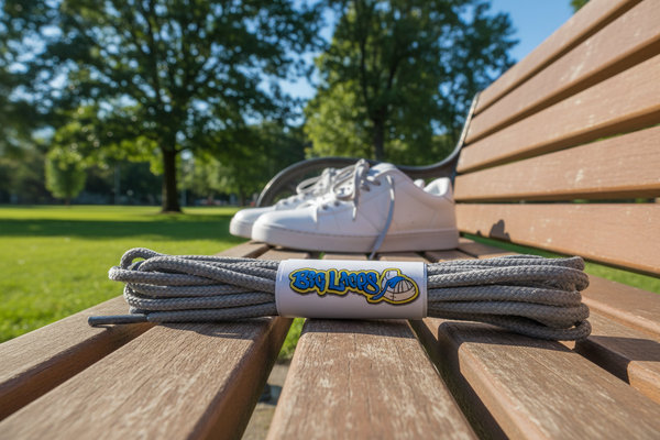 a pair of round 3mm wide light grey shoelaces