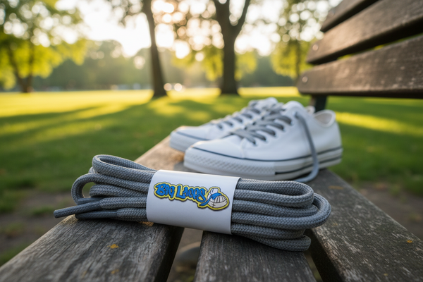 a pair of round 5mm wide light grey shoelaces