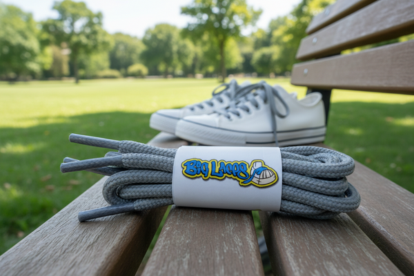 a pair of round 5mm wide light grey shoelaces