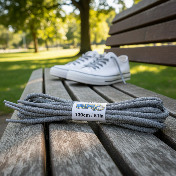 a pair of rope style 5mm wide light grey shoelaces with a reflective weave