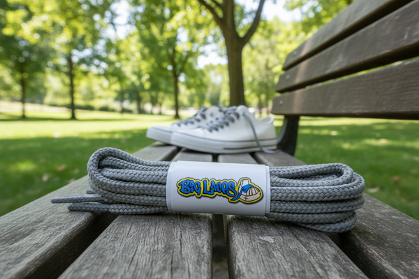a pair of round 4mm wide light grey shoelaces
