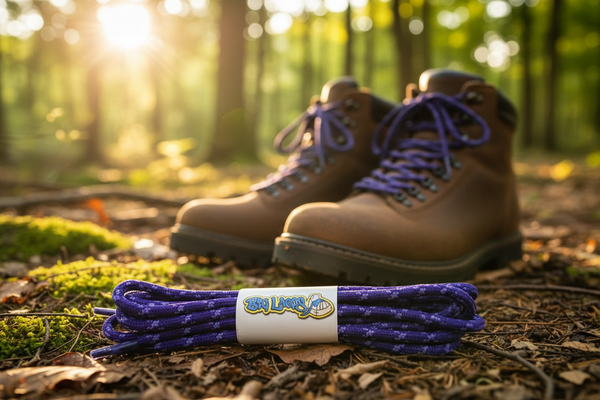 a pair of round purple bootlaces with lilac flecks suitable for hiking and walking boots