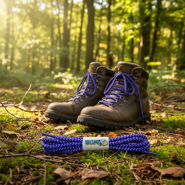 a pair of round lilac and purple bootlaces suitable for hiking and walking boots
