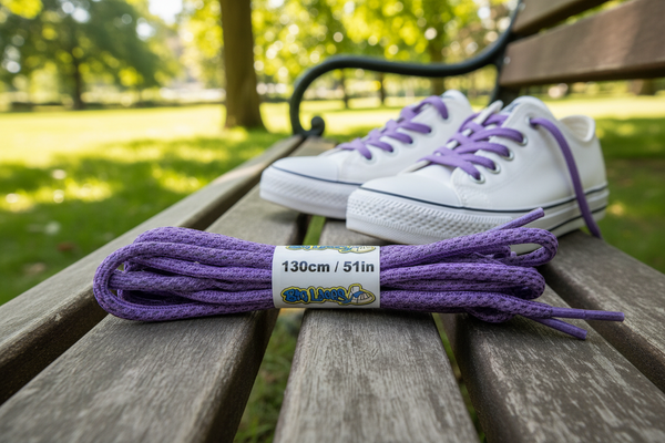 a pair of rope style 5mm wide lilac shoelaces with a reflective weave