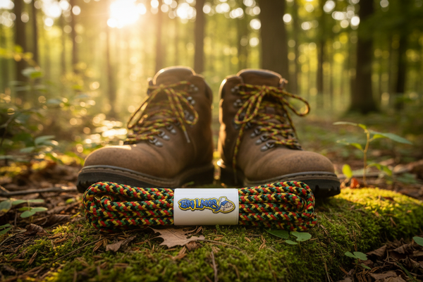 a pair of round yellow red green black bootlaces suitable for hiking and walking boots
