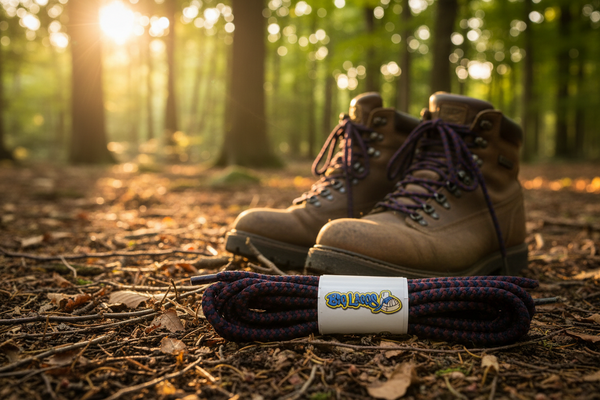 a pair of round navy blue and burgundy bootlaces suitable for hiking and walking boots
