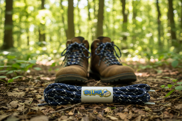 a pair of round navy blue bootlaces with white flecks suitable for hiking and walking boots
