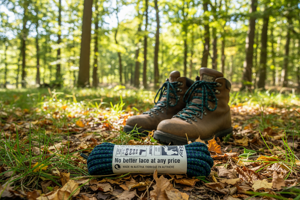 a pair of navy and teal bootlaces for walking or hiking boots