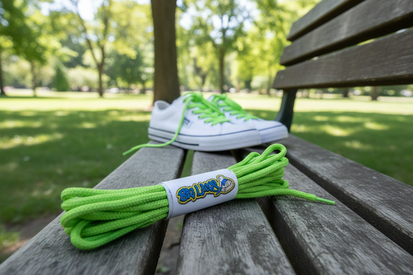 a pair of round 3mm wide neon green shoelaces