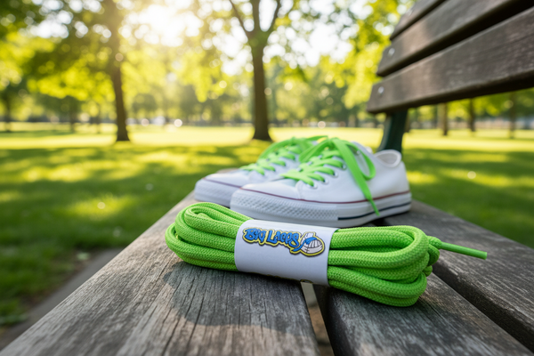 a pair of round 5mm wide neon green shoelaces