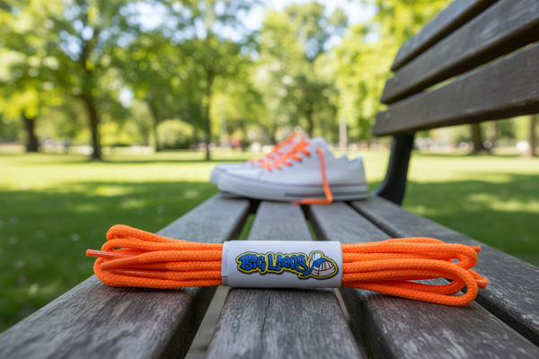 a pair of round 3mm wide neon orange shoelaces