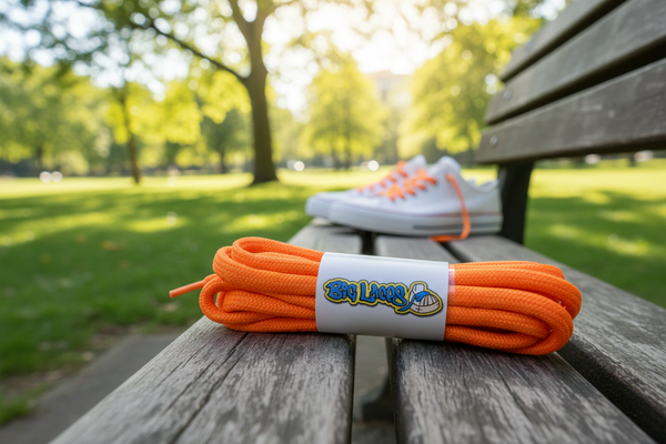 a pair of round 5mm wide neon orange shoelaces