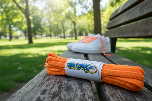 a pair of round 4mm wide neon orange shoelaces