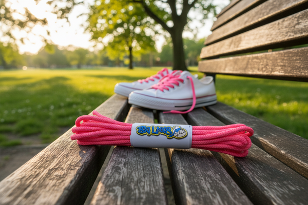 a pair of round 3mm wide neon pink shoelaces