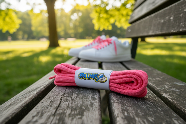 a pair of round 5mm wide neon pink shoelaces