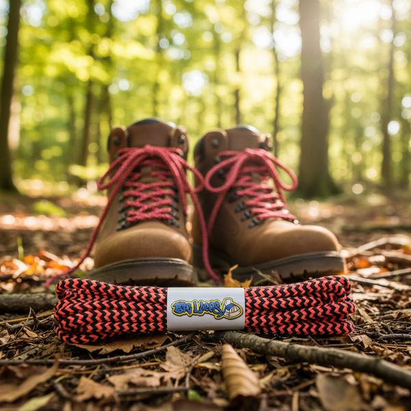 a pair of round neon pink and black bootlaces suitable for hiking and walking boots

