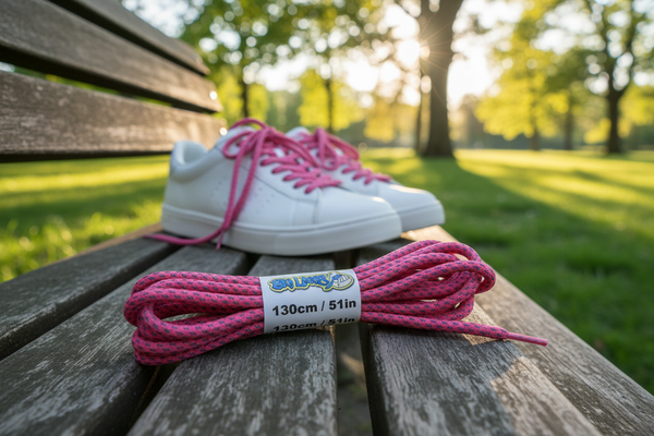 a pair of rope style 5mm wide neon pink shoelaces with a reflective weave