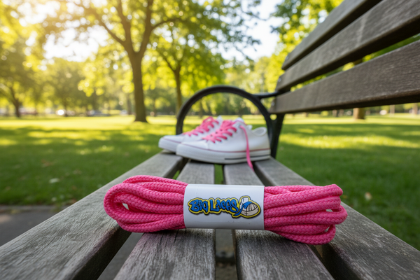 a pair of round 4mm wide neon pink shoelaces