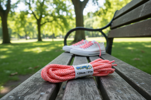 a pair of rope style 5mm wide neon pink and white shoelaces