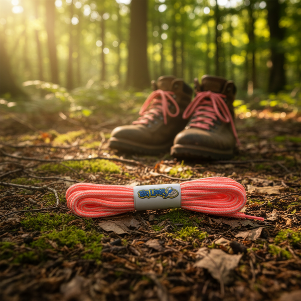 a pair of round neon pink and white bootlaces suitable for hiking and walking boots