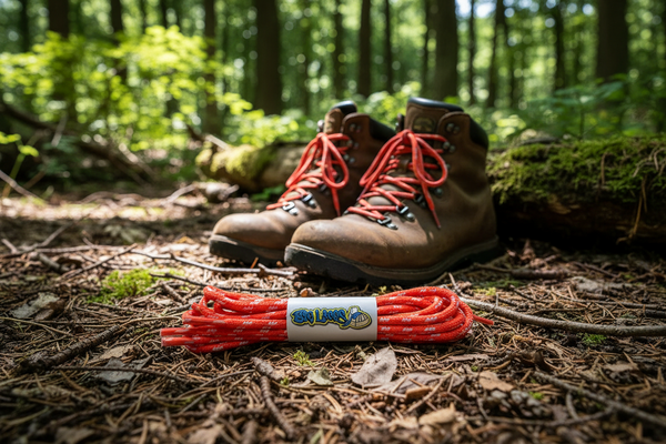 a pair of round neon pink bootlaces with white flecks suitable for hiking and walking boots
