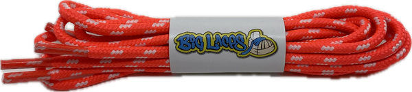 a pair of round neon pink bootlaces with white flecks suitable for hiking and walking boots
