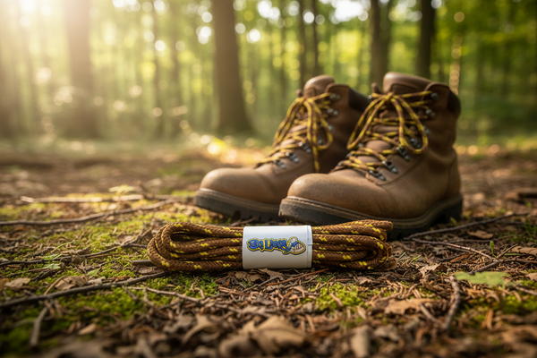 a pair of round nutmeg brown bootlaces with yellow flecks suitable for hiking and walking boots