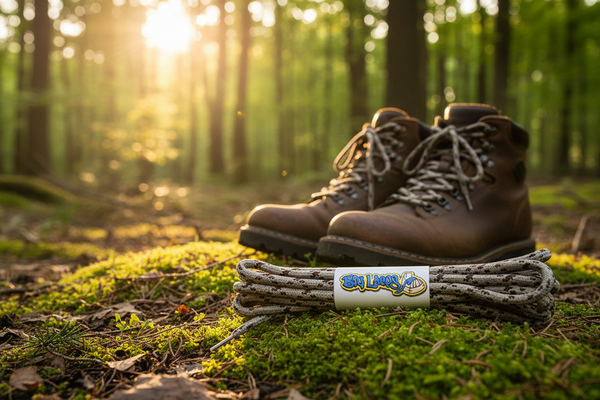 a pair of round oatmeal bootlaces with brown flecks suitable for hiking and walking boots