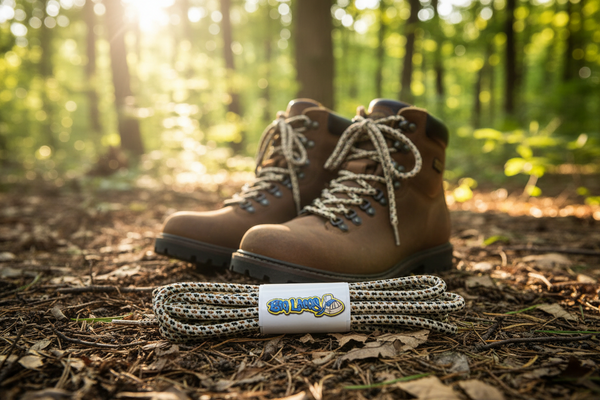 a pair of round oatmeal brown and black bootlaces suitable for hiking and walking boots
