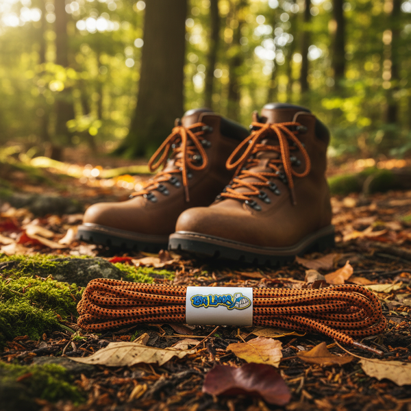 a pair of orange and black bootlaces suitable for walking or hiking boots