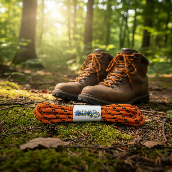 a pair of round orange bootlaces with black flecks suitable for hiking and walking boots