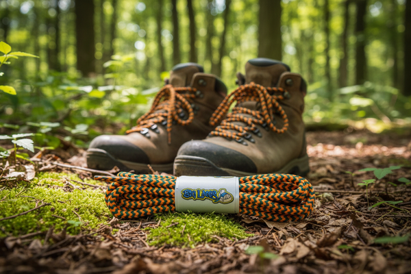 a pair of round orange and jade green bootlaces suitable for hiking and walking boots
