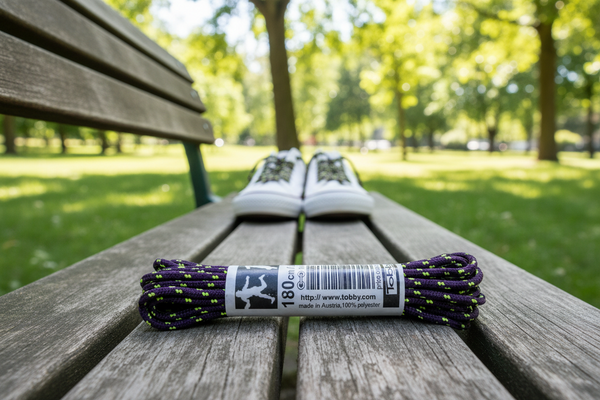 a pair of Round Patterned Strong Shoelaces Bootlaces Aubergine Neon Yellow - 4mm wide