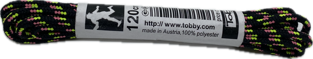 Round Patterned Strong Shoelaces/Bootlaces Black Neon Yellow Pink - 4mm wide