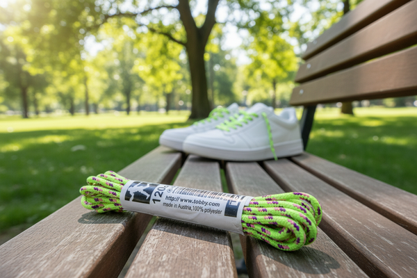 a pair of Round Patterned Strong Shoelaces/Bootlaces Neon Green Purple Neon Pink - 4mm wide