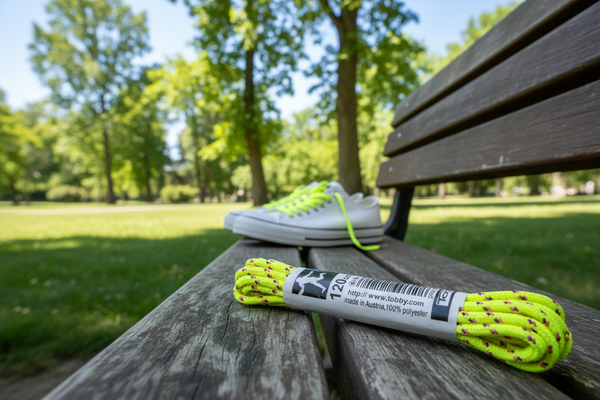 a pair of Round Patterned Strong Shoelaces/Bootlaces Neon Yellow Neon Pink Purple - 4mm wide