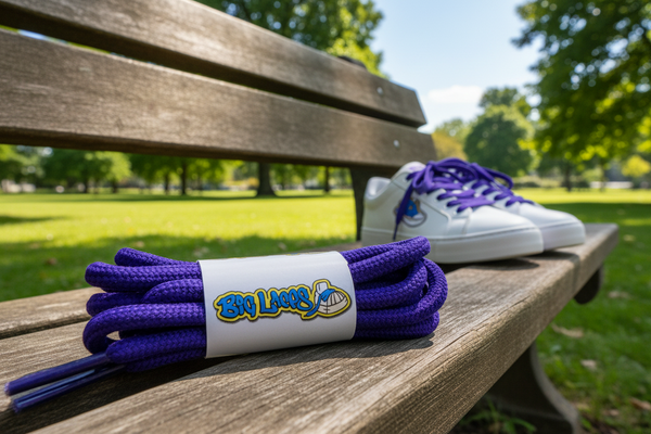 a pair of round 5mm wide purple shoelaces