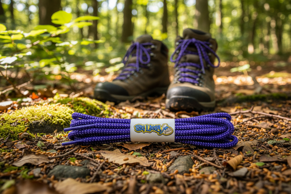 a pair of purple bootlaces with lilac pinpoints suitable for hiking and walking boots